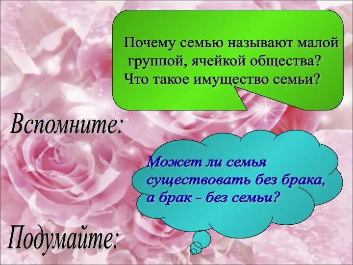 Вспомните: Почему семью называют малой группой, ячейкой общества? Что такое имущество семьи?