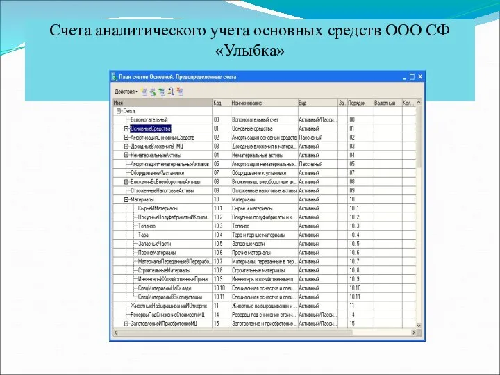 Счета аналитического учета основных средств ООО СФ «Улыбка»