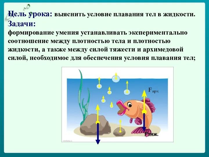 Цель урока: выяснить условие плавания тел в жидкости. Задачи: формирование умения устанавливать