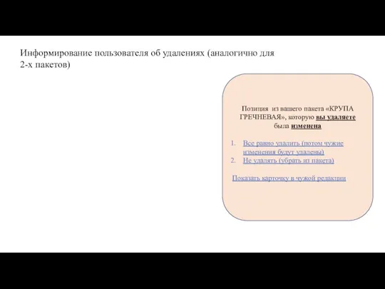 Позиция из вашего пакета «КРУПА ГРЕЧНЕВАЯ», которую вы удаляете была изменена Все