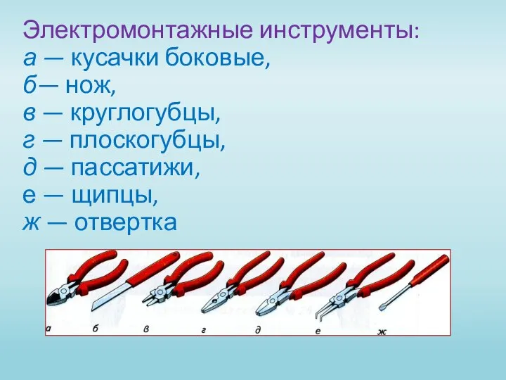 Электромонтажные инструменты: а — кусачки боковые, б— нож, в — круглогубцы, г