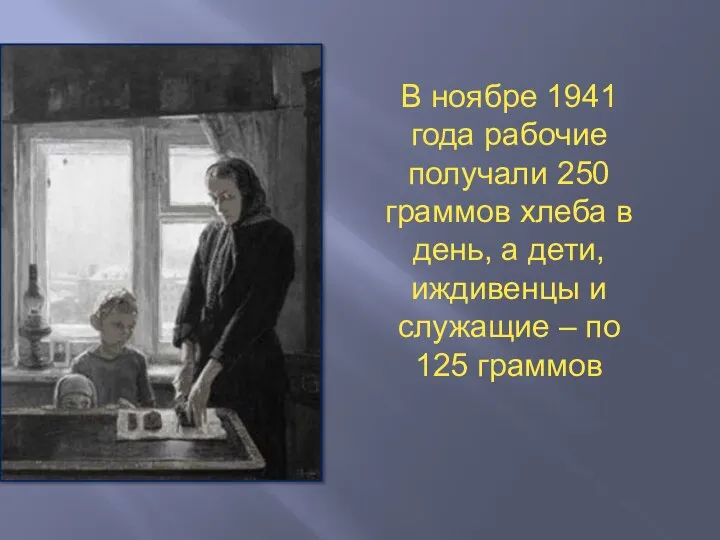 В ноябре 1941 года рабочие получали 250 граммов хлеба в день, а