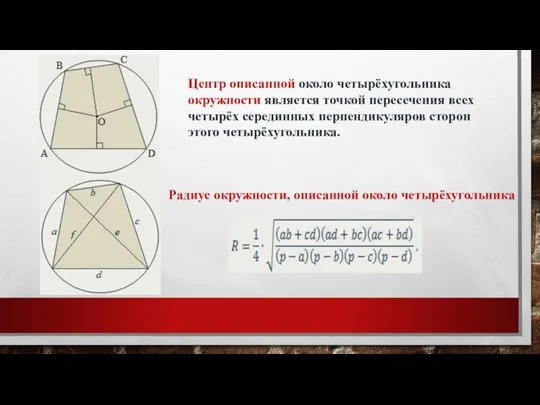 Центр описанной около четырёхугольника окружности является точкой пересечения всех четырёх серединных перпендикуляров