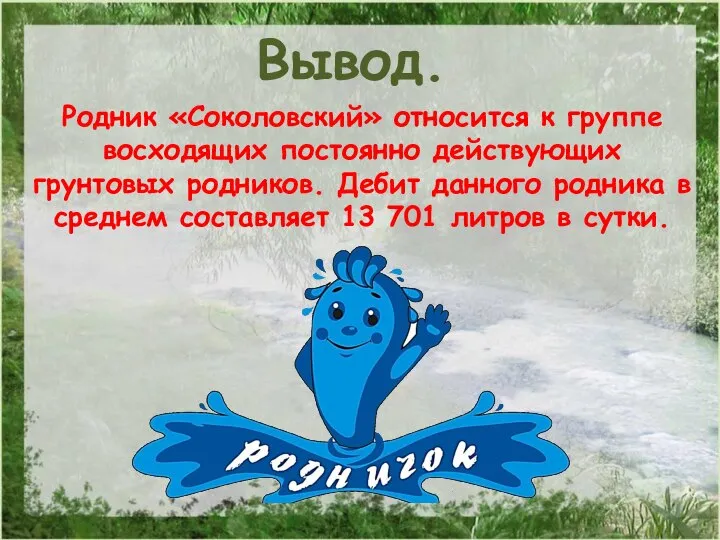 Родник «Соколовский» относится к группе восходящих постоянно действующих грунтовых родников. Дебит данного