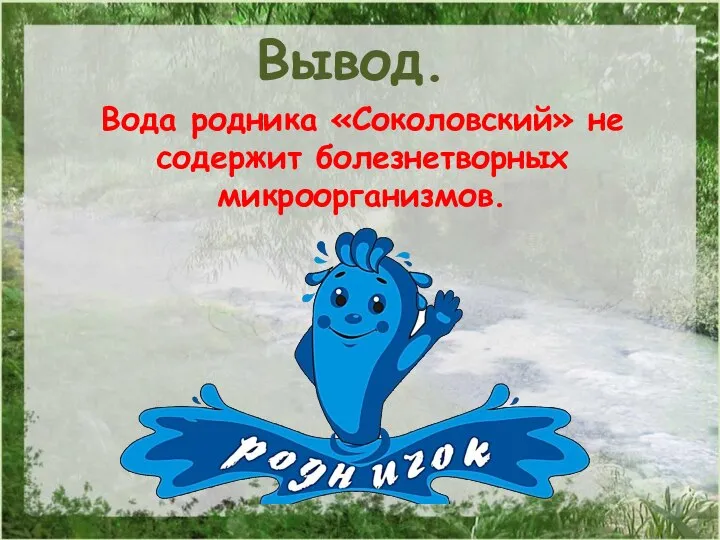 Вода родника «Соколовский» не содержит болезнетворных микроорганизмов. Вывод.