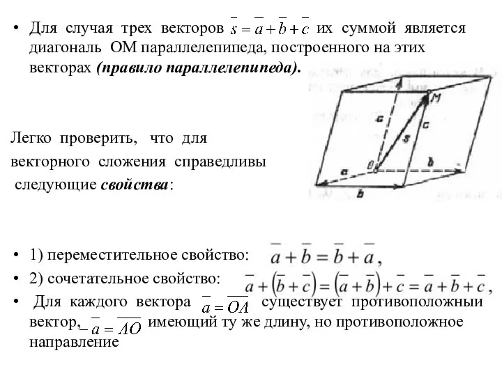 Для случая трех векторов их суммой является диагональ ОМ параллелепипеда, построенного на