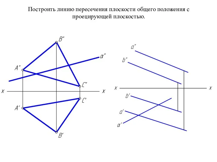 Построить линию пересечения плоскости общего положения с проецирующей плоскостью.