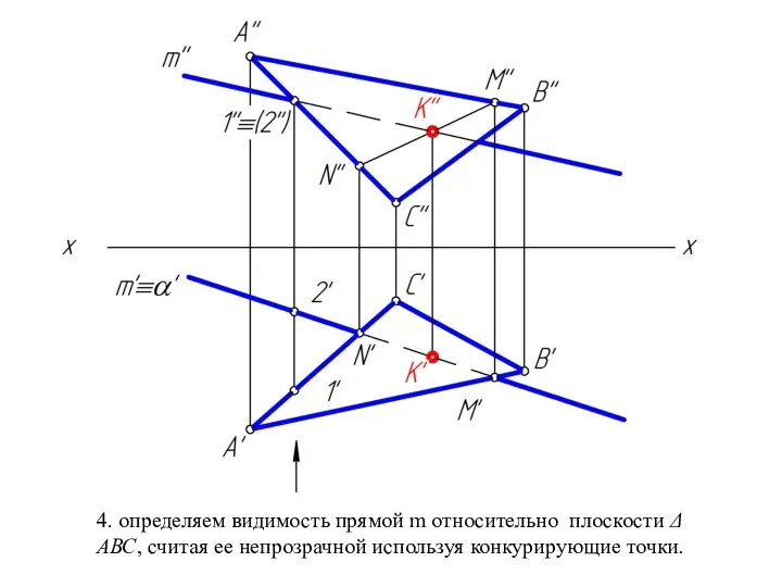 4. определяем видимость прямой m относительно плоскости Δ АВС, считая ее непрозрачной используя конкурирующие точки.