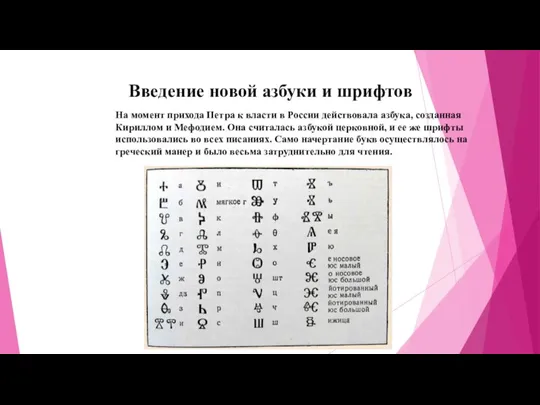 Введение новой азбуки и шрифтов На момент прихода Петра к власти в