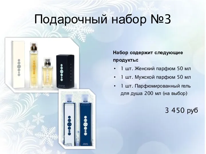 Подарочный набор №3 Набор содержит следующие продукты: 1 шт. Женский парфюм 50