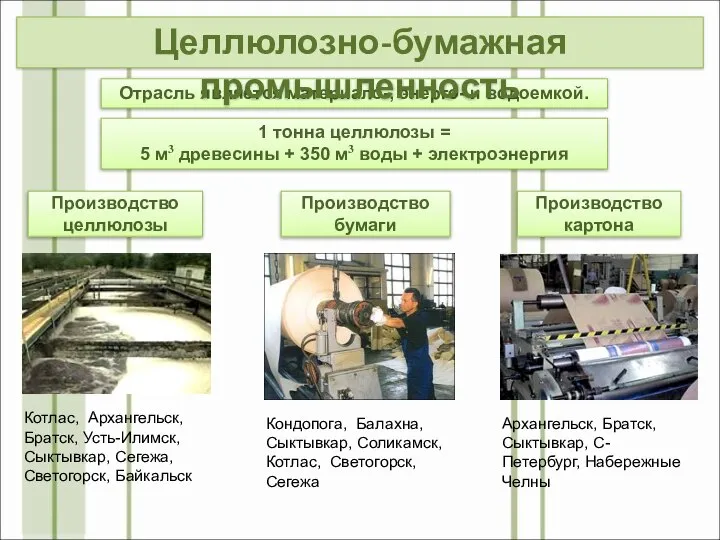 Отрасль является материало-, энерго- и водоемкой. 1 тонна целлюлозы = 5 м3