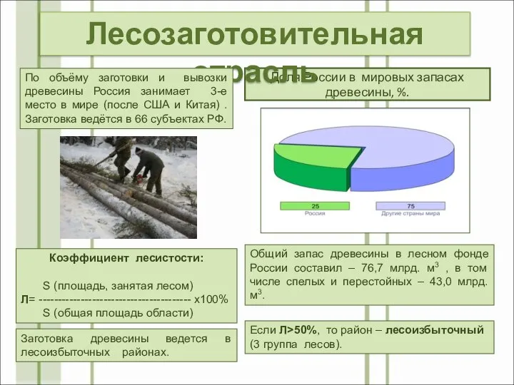 Доля России в мировых запасах древесины, %. Общий запас древесины в лесном