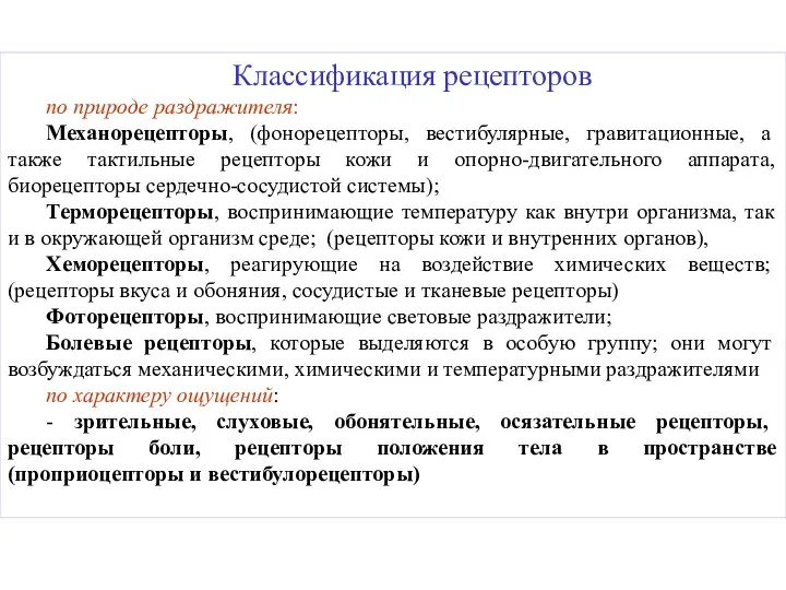 Классификация рецепторов по природе раздражителя: Механорецепторы, (фонорецепторы, вестибулярные, гравитационные, а также тактильные