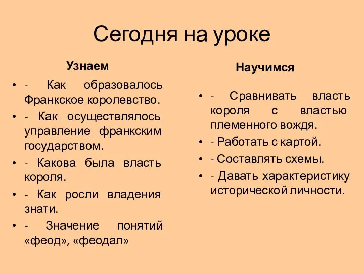 Сегодня на уроке Узнаем - Как образовалось Франкское королевство. - Как осуществлялось