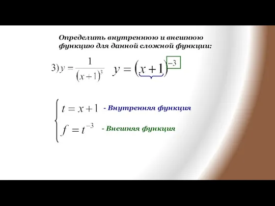 Определить внутреннюю и внешнюю функцию для данной сложной функции: - Внутренняя функция - Внешняя функция