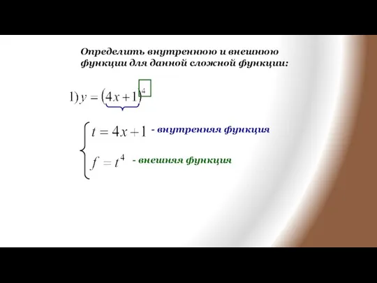 Определить внутреннюю и внешнюю функции для данной сложной функции: - внутренняя функция - внешняя функция