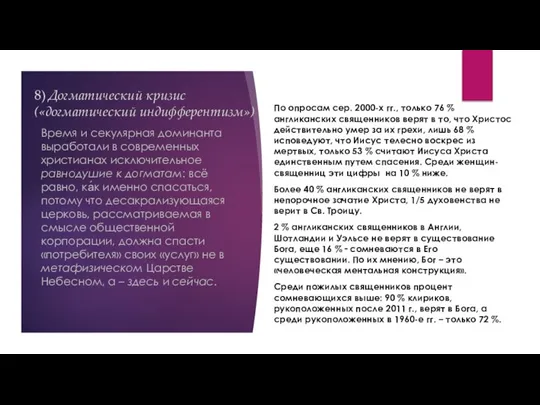 8) Догматический кризис («догматический индифферентизм») По опросам сер. 2000-х гг., только 76