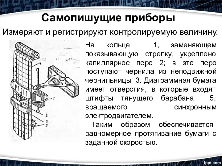 Самопишущие приборы Измеряют и регистрируют контролируемую величину. На кольце 1, заменяющем показывающую