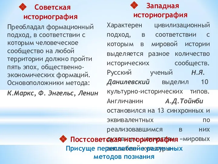 Советская историография Преобладал формационный подход, в соответствии с которым человеческое сообщество на