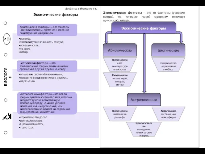 Экологические факторы . БИОЛОГИЯ 5 класс Введение в биологию. § 5. Экологические