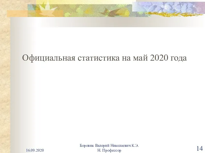 Официальная статистика на май 2020 года 16.09.2020 Боровик Валерий Николаевич К.Э.Н. Профессор