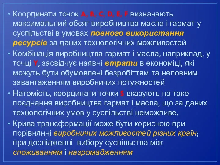 Координати точок A, B, C, D, E, F визначають максимальний обсяг виробництва