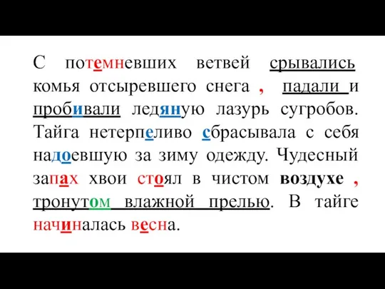 С потемневших ветвей срывались комья отсыревшего снега , падали и пробивали ледяную