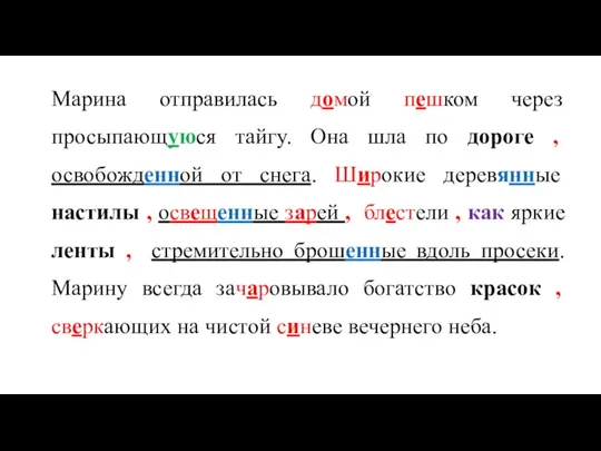 Марина отправилась домой пешком через просыпающуюся тайгу. Она шла по дороге ,