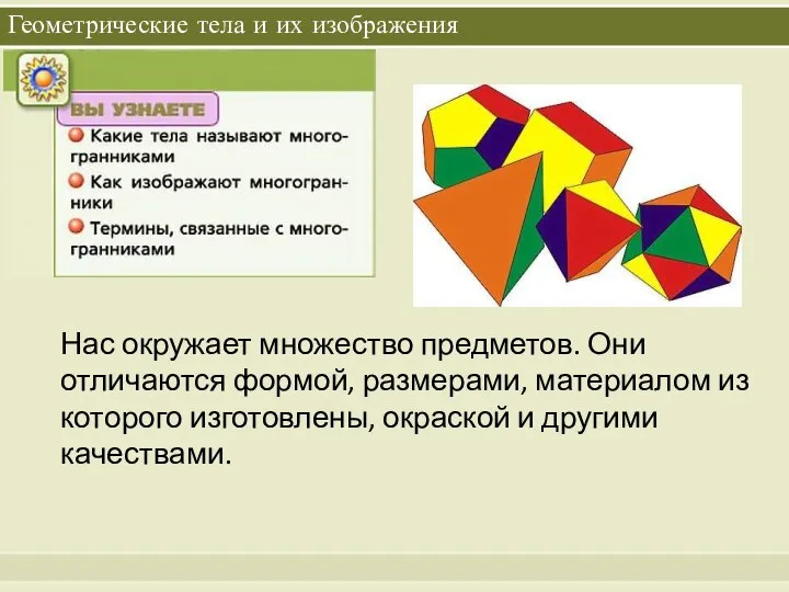 Геометрические тела и их изображения Нас окружает множество предметов. Они отличаются формой,