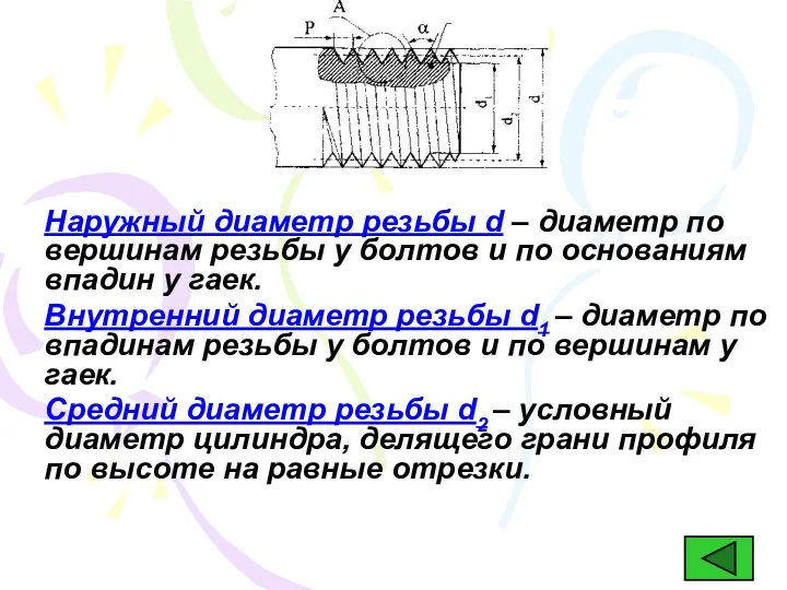 Наружный диаметр резьбы d – диаметр по вершинам резьбы у болтов и