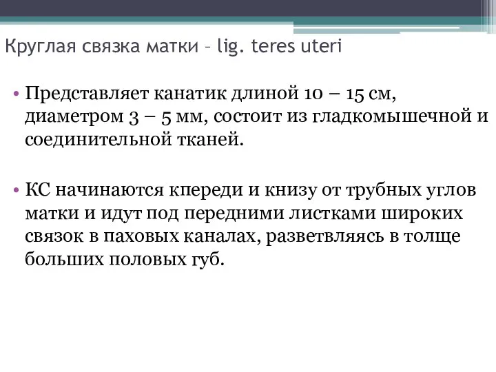 Круглая связка матки – lig. teres uteri Представляет канатик длиной 10 –