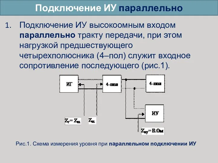 Подключение ИУ параллельно Подключение ИУ высокоомным входом параллельно тракту передачи, при этом