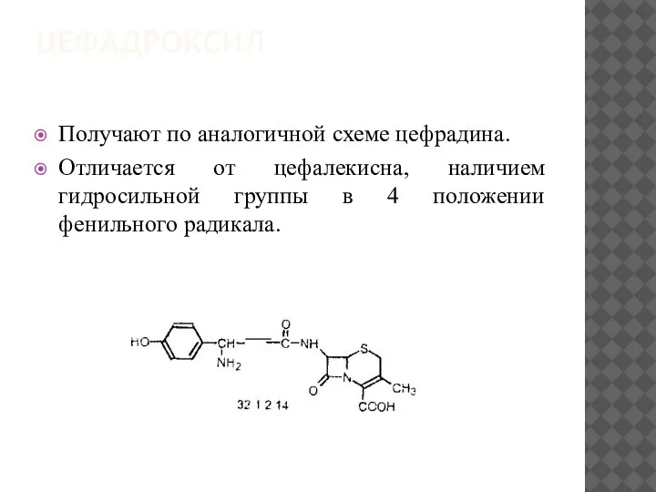 ЦЕФАДРОКСИЛ Получают по аналогичной схеме цефрадина. Отличается от цефалекисна, наличием гидросильной группы