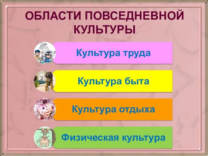 ОБЛАСТИ ПОВСЕДНЕВНОЙ КУЛЬТУРЫ Культура труда Культура быта Культура отдыха Физическая культура