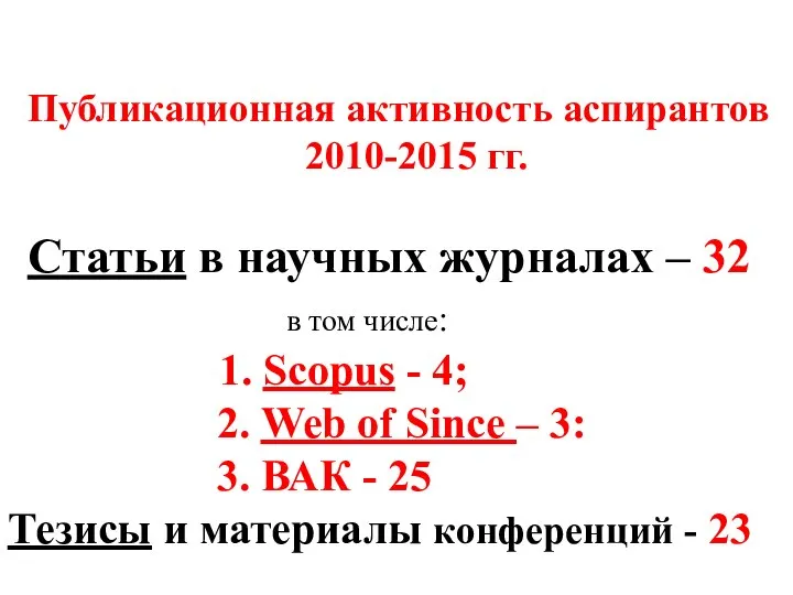 Публикационная активность аспирантов 2010-2015 гг. Статьи в научных журналах – 32 в