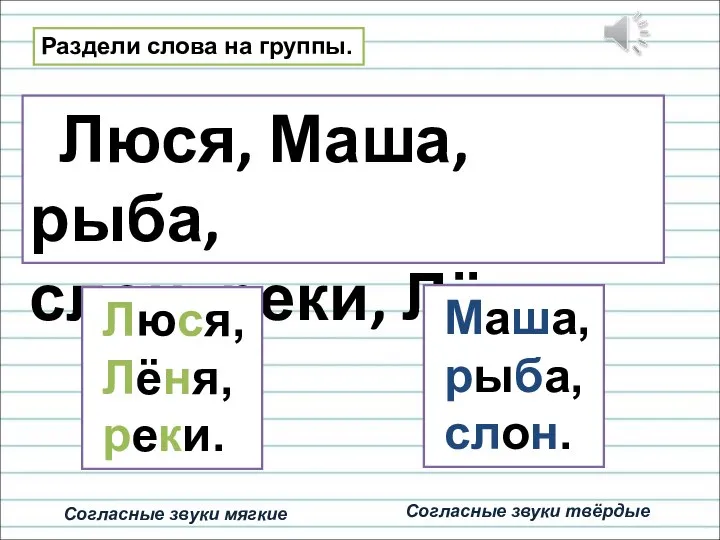 Раздели слова на группы. Люся, Маша, рыба, слон, реки, Лёня. Люся, Лёня,