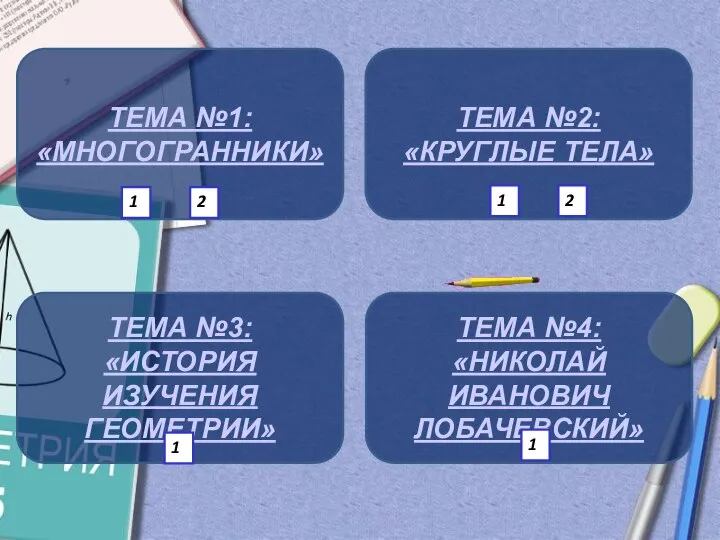 ТЕМА №1: «МНОГОГРАННИКИ» ТЕМА №2: «КРУГЛЫЕ ТЕЛА» ТЕМА №3: «ИСТОРИЯ ИЗУЧЕНИЯ ГЕОМЕТРИИ»