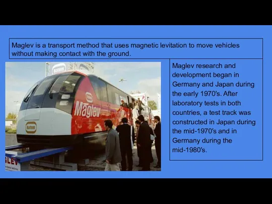 Maglev is a transport method that uses magnetic levitation to move vehicles