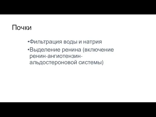 Почки Фильтрация воды и натрия Выделение ренина (включение ренин-ангиотензин-альдостероновой системы)