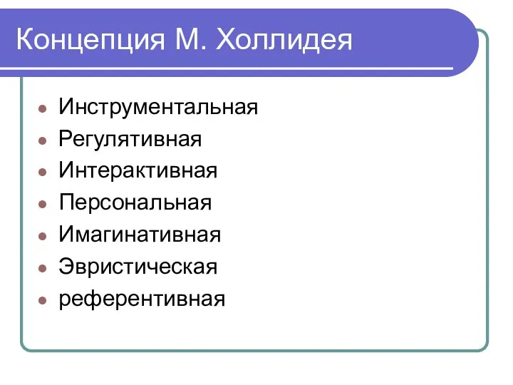 Концепция М. Холлидея Инструментальная Регулятивная Интерактивная Персональная Имагинативная Эвристическая референтивная