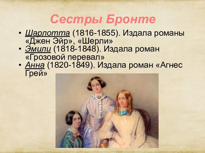 Сестры Бронте Шарлотта (1816-1855). Издала романы «Джен Эйр», «Шерли» Эмили (1818-1848). Издала