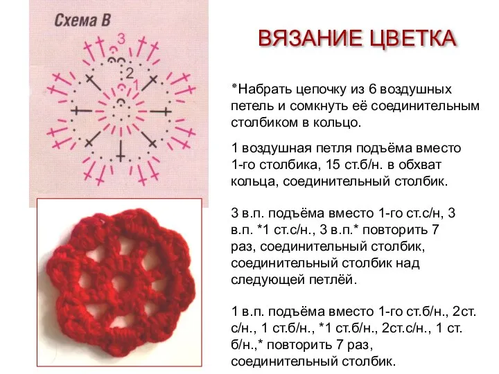 ٭Набрать цепочку из 6 воздушных петель и сомкнуть её соединительным столбиком в