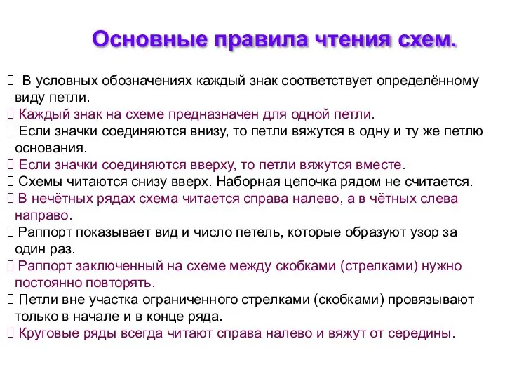 В условных обозначениях каждый знак соответствует определённому виду петли. Каждый знак на