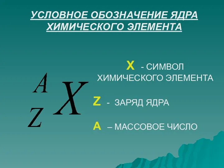 УСЛОВНОЕ ОБОЗНАЧЕНИЕ ЯДРА ХИМИЧЕСКОГО ЭЛЕМЕНТА Х - СИМВОЛ ХИМИЧЕСКОГО ЭЛЕМЕНТА Z -