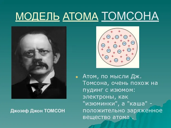 МОДЕЛЬ АТОМА ТОМСОНА Атом, по мысли Дж. Томсона, очень похож на пудинг
