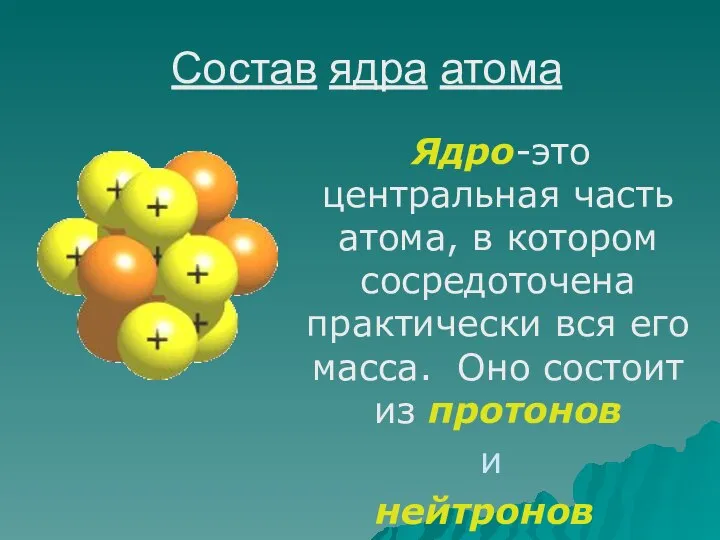 Состав ядра атома Ядро-это центральная часть атома, в котором сосредоточена практически вся