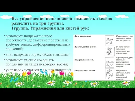 Все упражнения пальчиковой гимнастики можно разделить на три группы. 1группа. Упражнения для