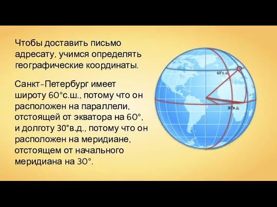 60°с.ш. 30°в.д. Чтобы доставить письмо адресату, учимся определять географические координаты. Санкт-Петербург имеет