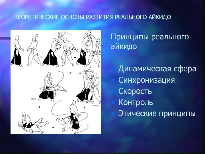 ТЕОРЕТИЧЕСКИЕ ОСНОВЫ РАЗВИТИЯ РЕАЛЬНОГО АЙКИДО Принципы реального айкидо Динамическая сфера Синхронизация Скорость Контроль Этические принципы