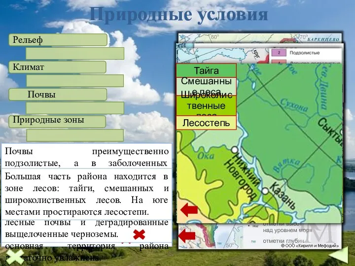 Природные условия Рельеф Климат Почвы Природные зоны Рельеф территории района представлен холмисто-увалистой